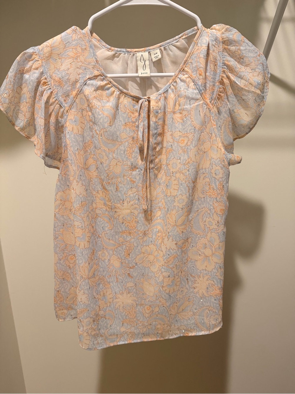 Joie Peach & Light Blue Floral Tie-Front Blouse